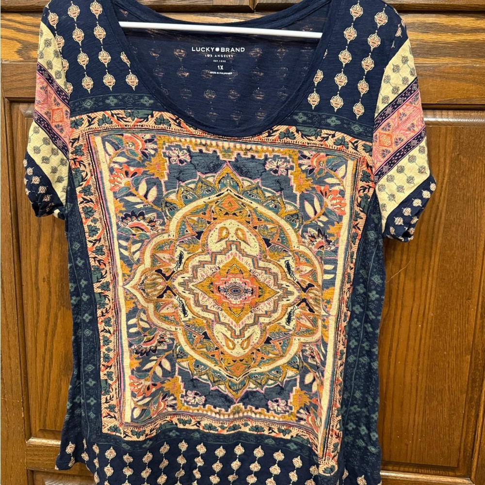 Lucky Brand Women's Top Persian Carpet Navy Multi Color Plus 1X Boho Artsy
